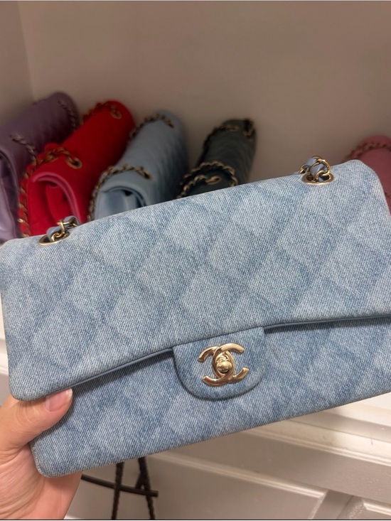 CHANEL Handbags - CHANEL Light Blue Denim Quilted Flap Bag with Gold CC